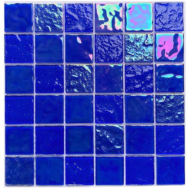 48x48mm スクエア 虹色効果 ブルー ガラス モザイク